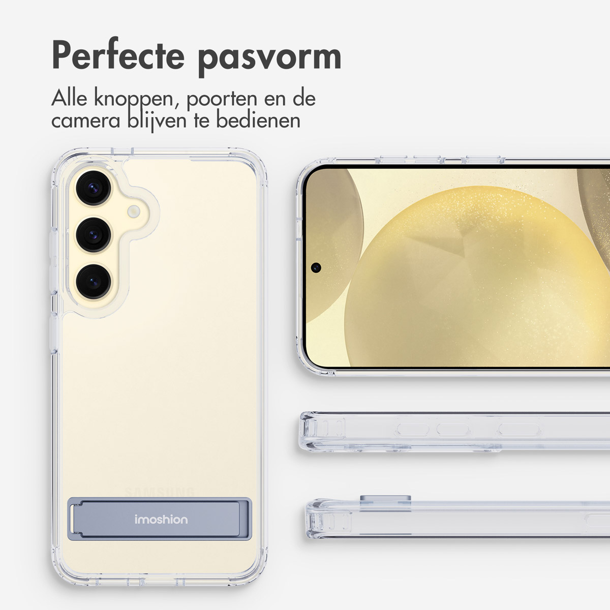 Un telefono in una custodia trasparente. La custodia è trasparente. Testo: Vestibilità perfetta. Tutti i pulsanti e la fotocamera rimangono operativi.