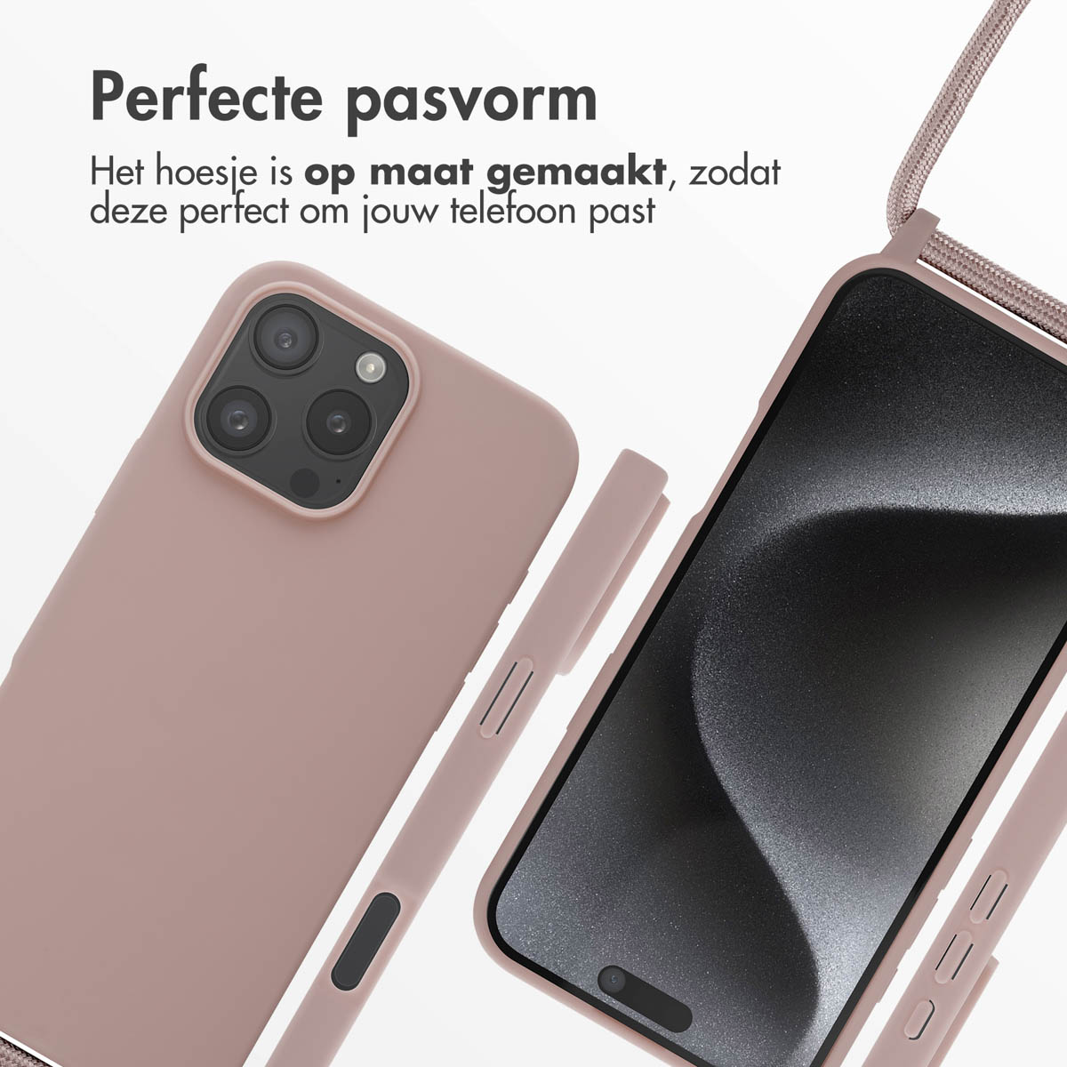 A pink phone case with a strap, next to a phone. The case fits perfectly.