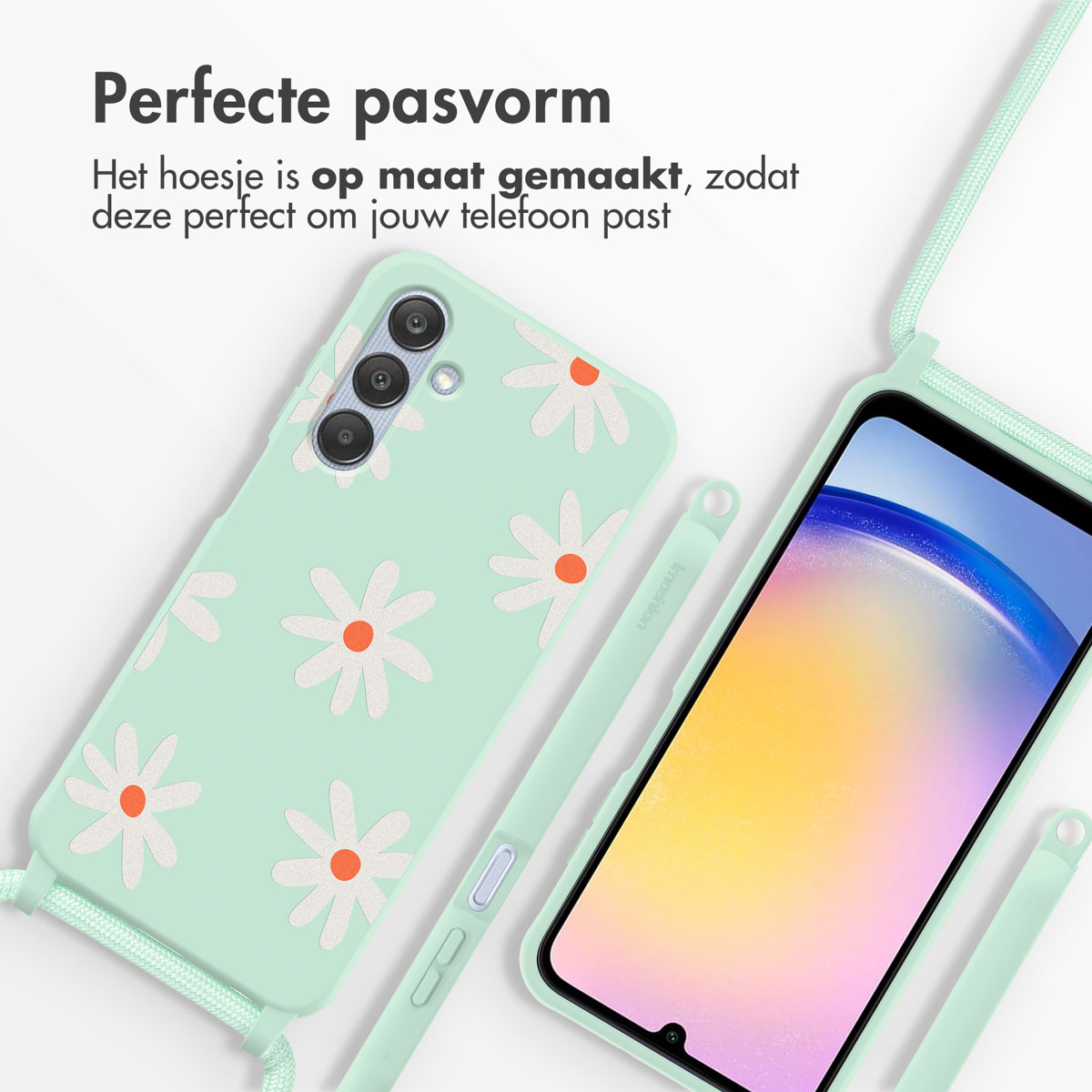 Mintgroene telefoonhoes met wit bloemdesign. Telefoon zit aan een koord.