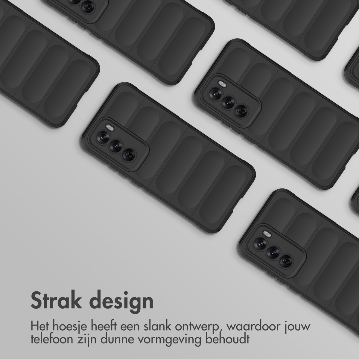 Zwarte telefoonhoesjes gerangschikt op een grijze ondergrond met de tekst 'Strak design' onderaan.