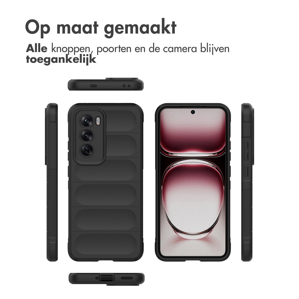 Zwarte telefoonhoes met zijknopen, meerdere weergaven, zwart met een gestructureerd ontwerp.