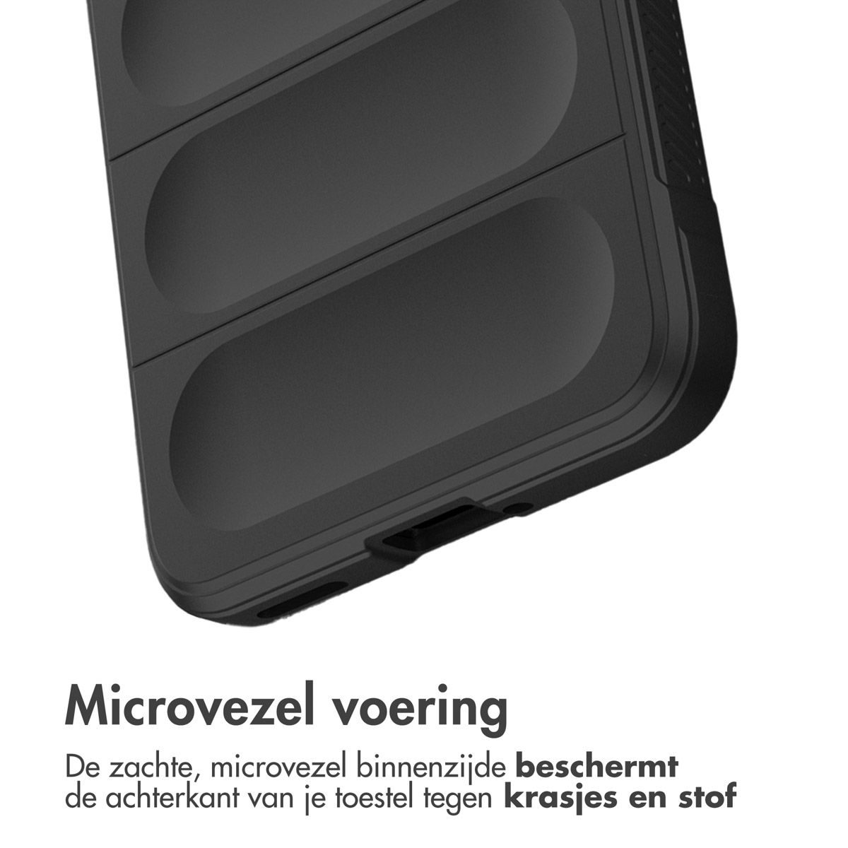 Een zwart telefoonhoesje met een microvezel voering.