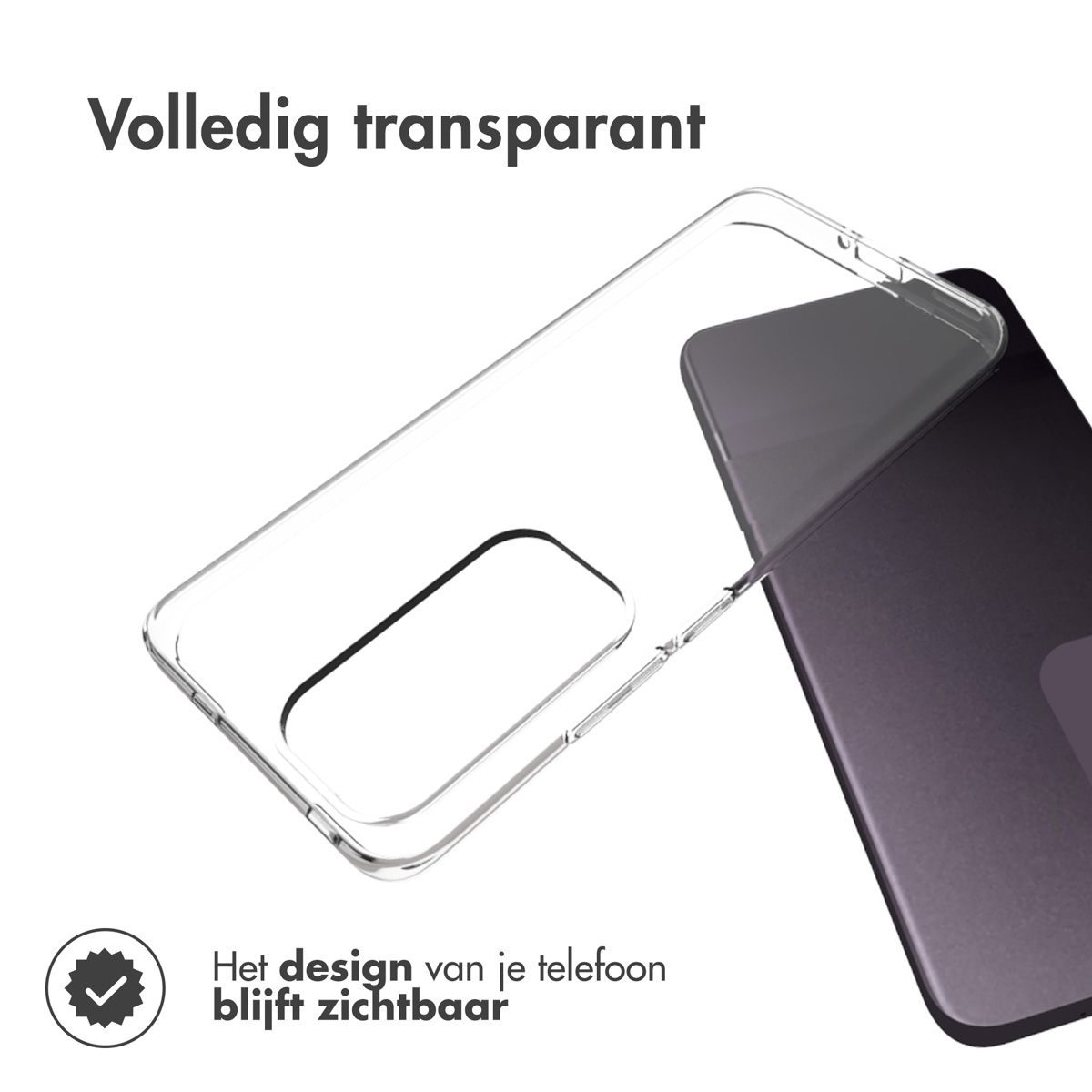 Custodia trasparente per telefono con il telefono all'interno. Il telefono è di colore grigio scuro.
