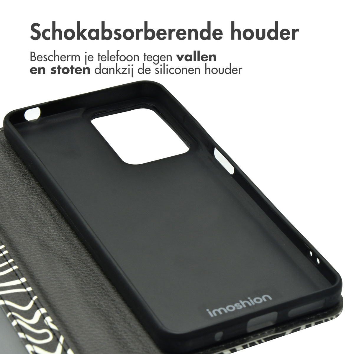 Zwarte telefoonhoes met een zebraprint aan de binnenkant. De hoes is open.