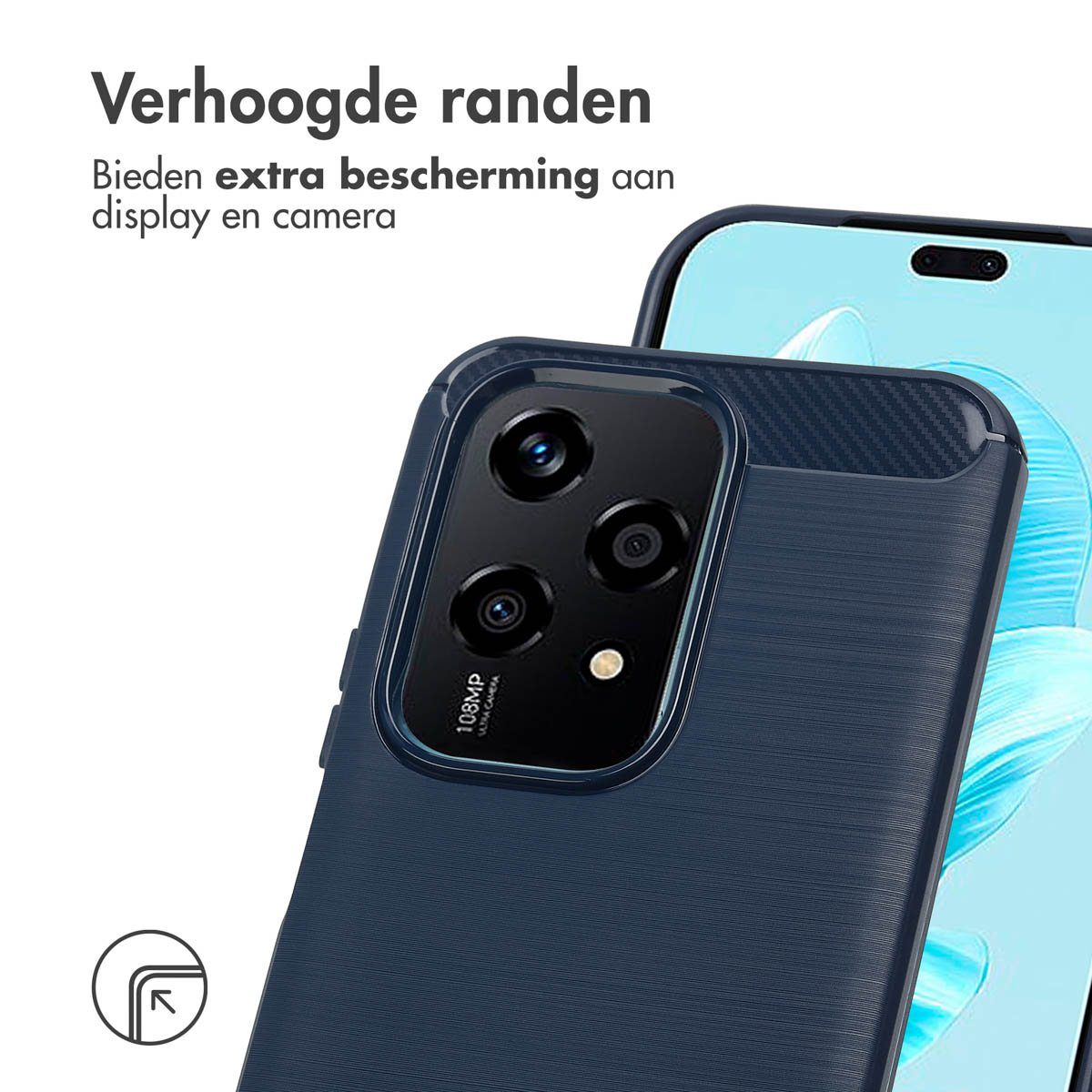 Gros plan sur une coque de téléphone sur un téléphone. La coque est bleue et le téléphone est sombre.