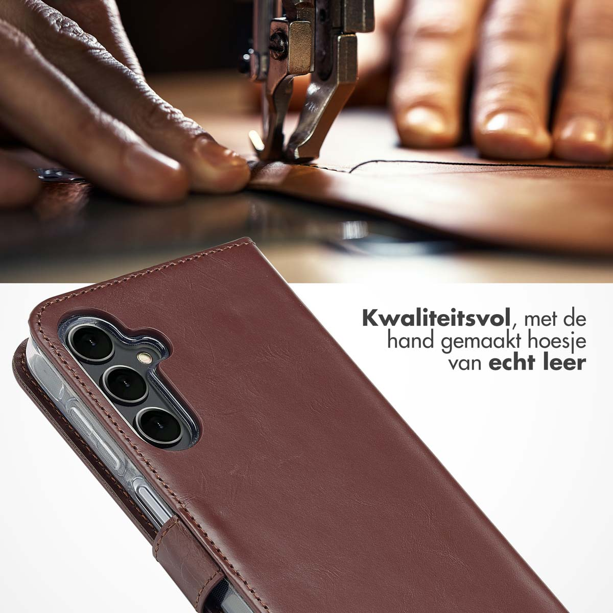 Een close-up van een bruin leren telefoonhoesje dat wordt genaaid. De naald en hand zijn zichtbaar. Open.