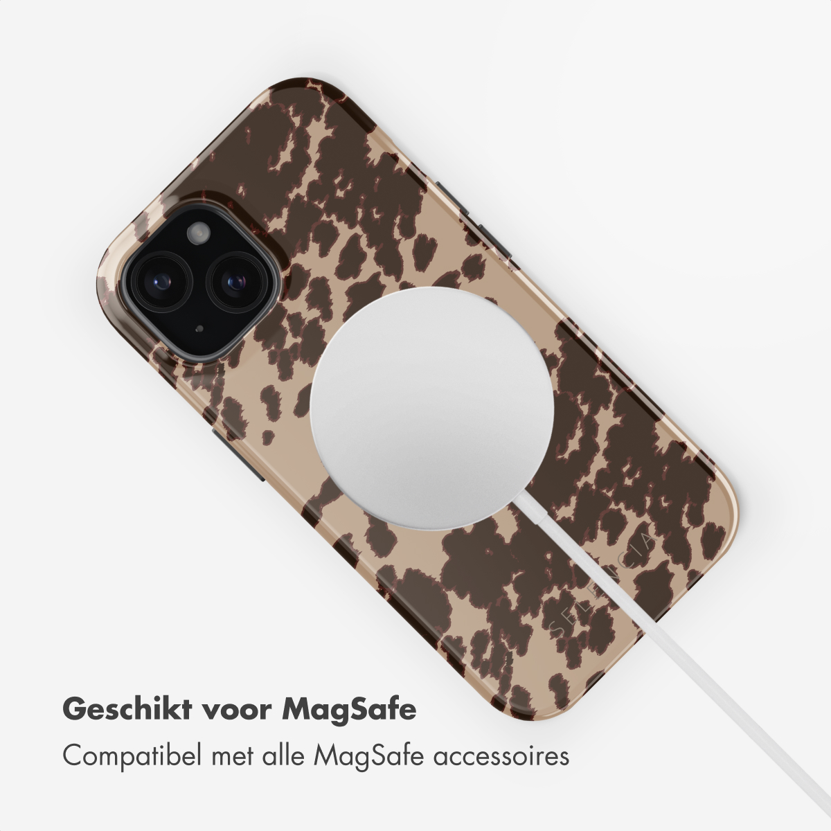 Phone case with a brown and tan animal print design, a phone, and a MagSafe charger attached. The background is white.
