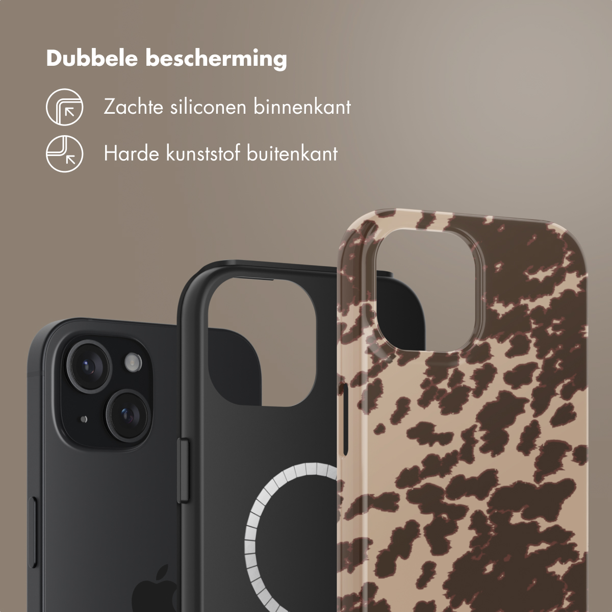 Three phone cases in a row: black, black with a white circle, and a brown and beige patterned case.