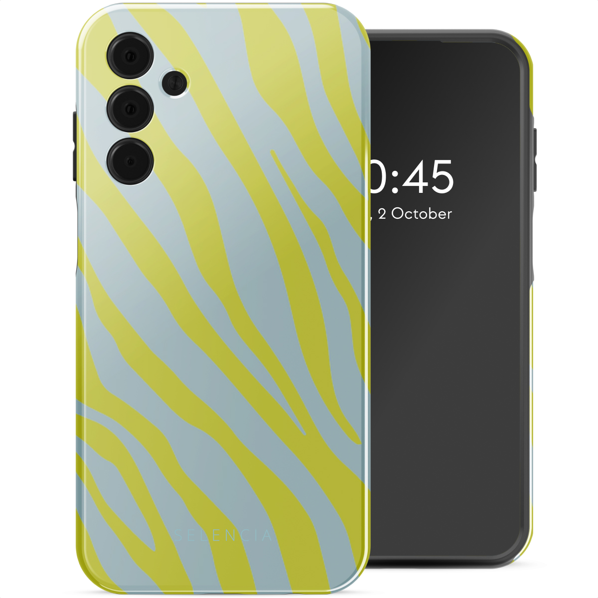 Coque de téléphone à motif zébré, rayures jaunes sur fond bleu clair. Téléphone avec heure affichée.