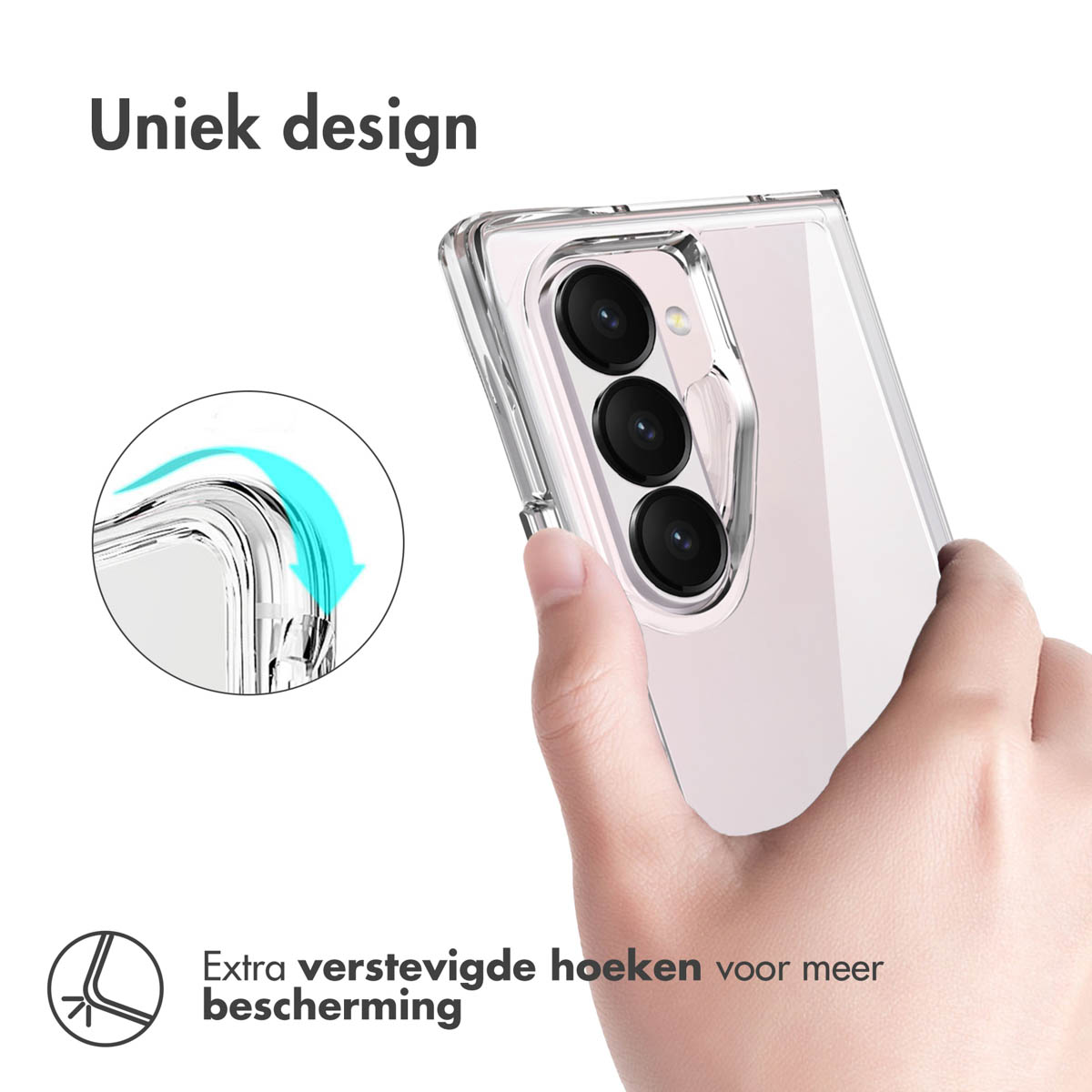 Una custodia trasparente per telefono su sfondo bianco con un telefono all'interno. Testo: Extra verstevigde hoeken voor meer bescherming.