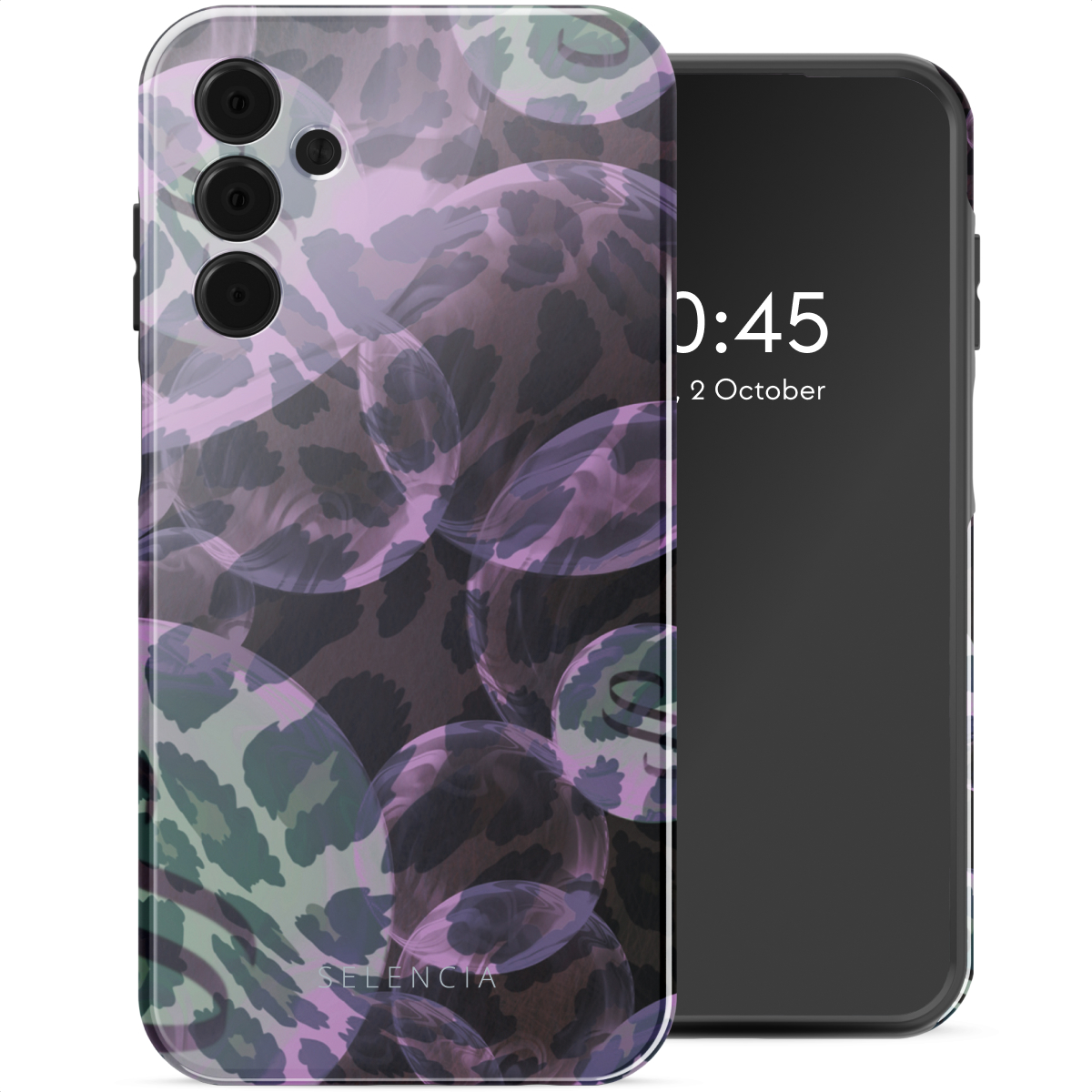 Een telefoonhoesje met een luipaardprint ontwerp, bellen. De telefoon is rechts zichtbaar.