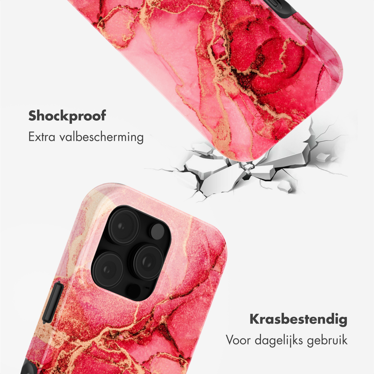 Coque avec motif marbre rouge et doré, et une autre en dessous avec protection supplémentaire. Le fond est blanc.