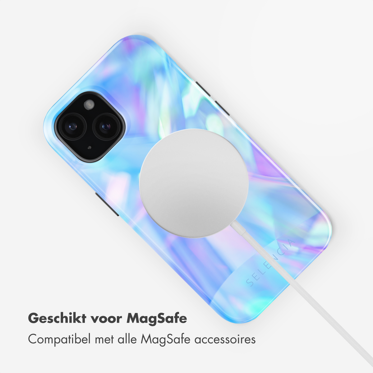 Phone case with an iridescent design, a phone, and a MagSafe charger attached. The background is white.