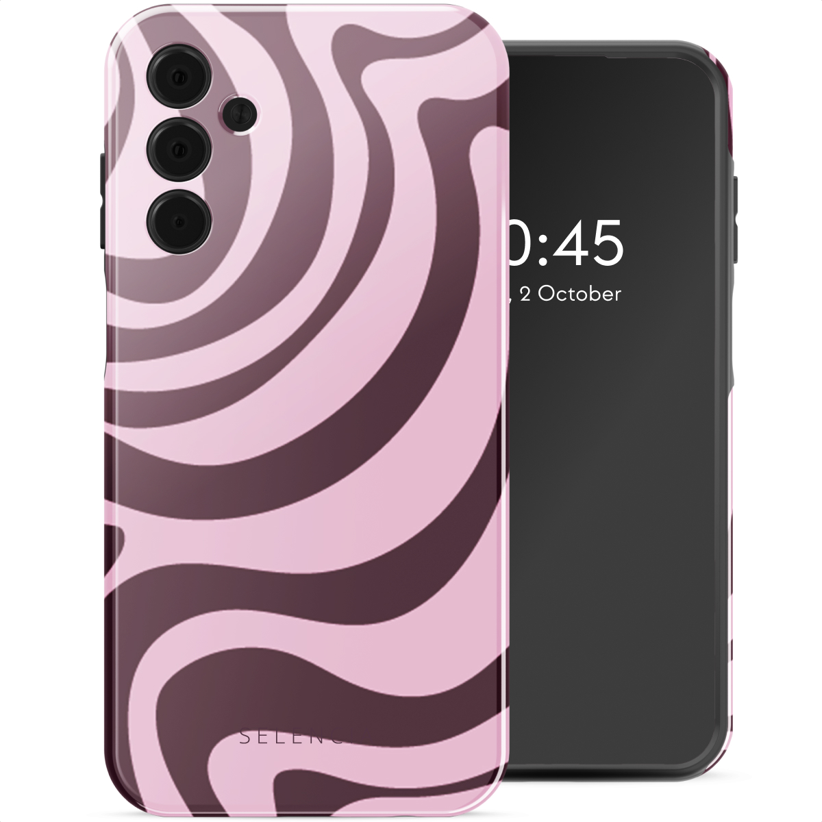 Smartphone in een roze en bruine golfpatroon hoes. Het scherm toont tijd en datum.