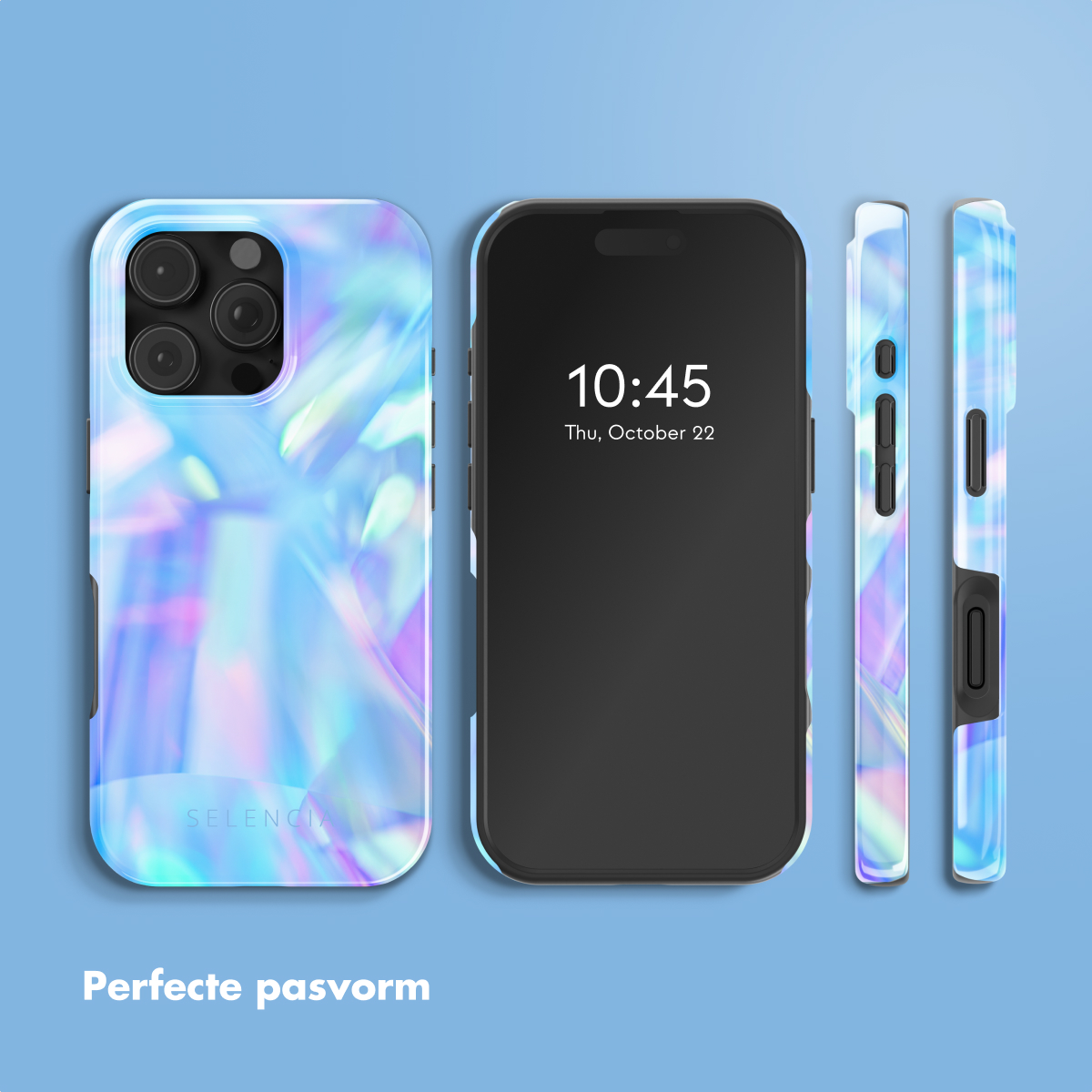 Coque avec un design irisé, un téléphone et une vue latérale. Il est 10h45 le 22 octobre.