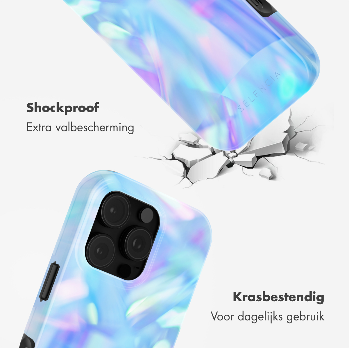 Coque de téléphone avec finition irisée, brisant le sol. Fond blanc.