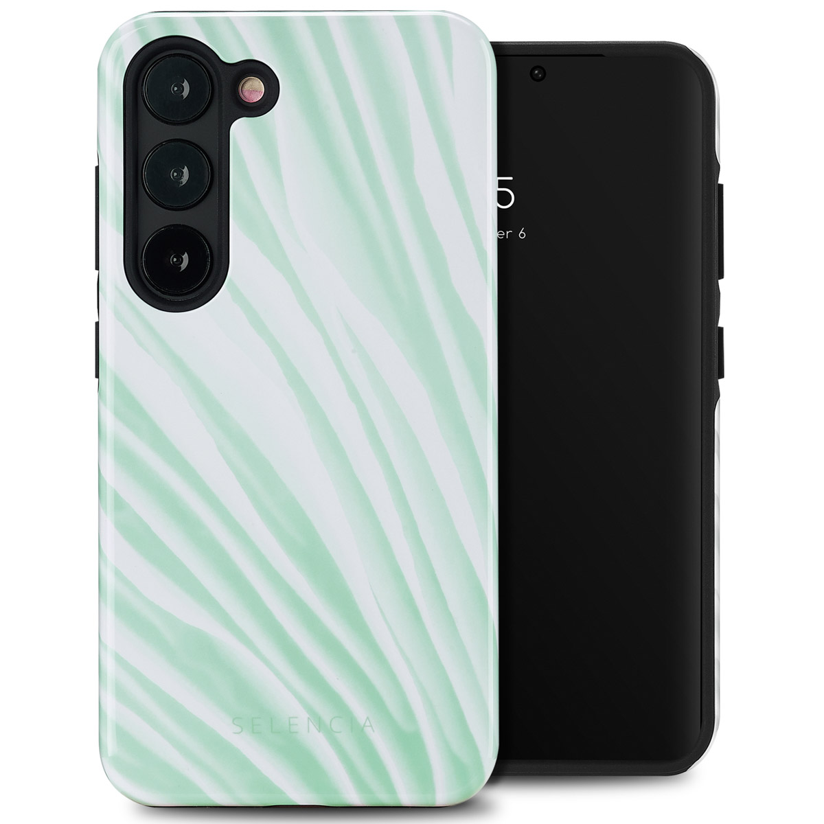 Un téléphone avec une coque à imprimé zèbre vert menthe et blanc. Le téléphone est sur fond blanc.