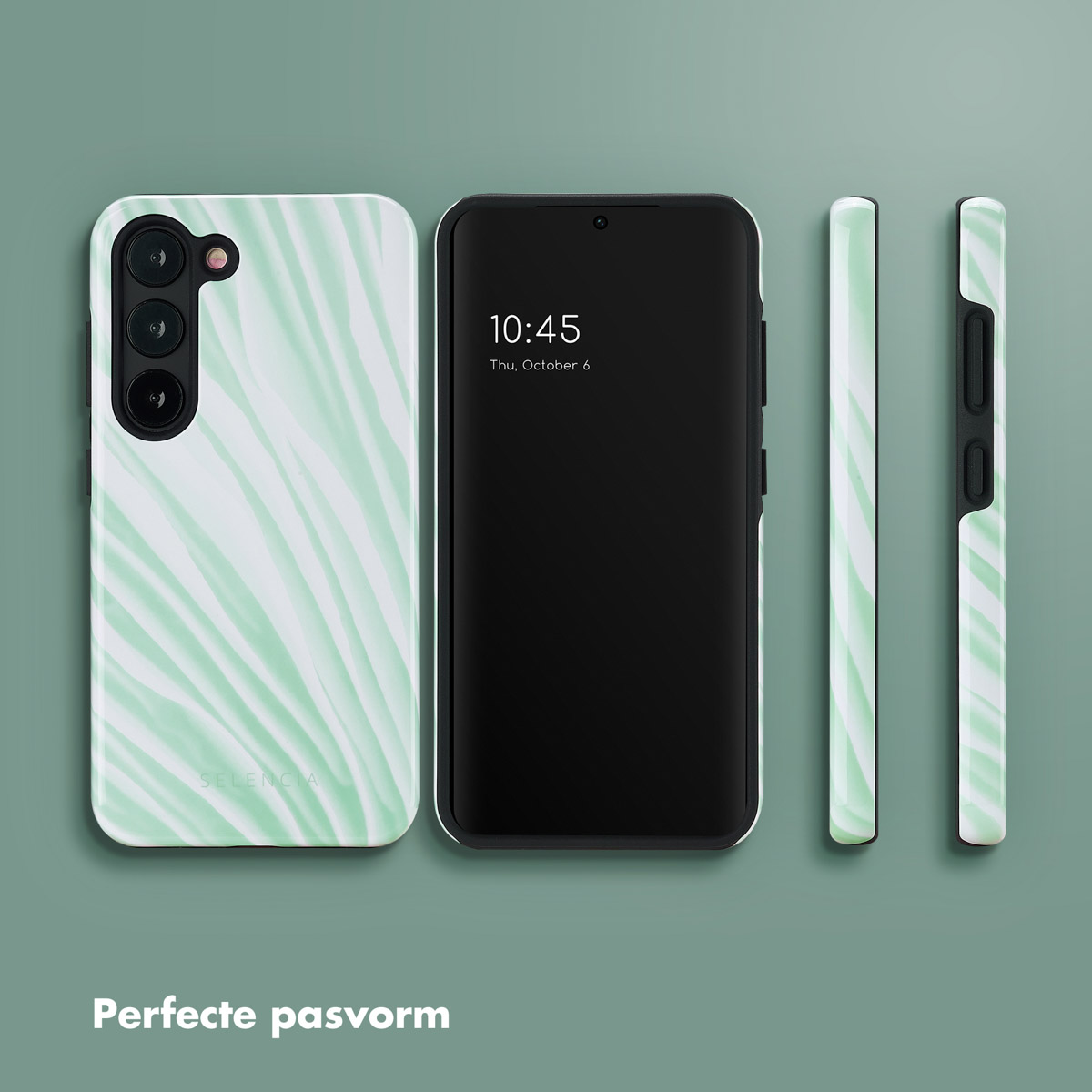 Téléphone avec une coque à imprimé zèbre vert menthe et blanc, un téléphone et une vue latérale. Le fond est vert olive.