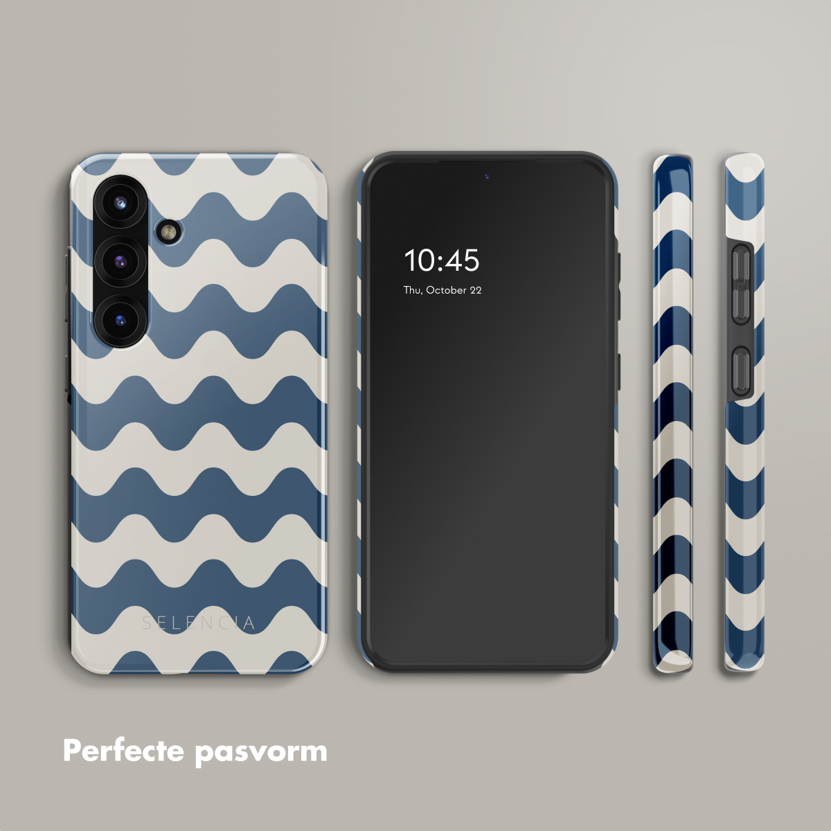 Telefoonhoesje met witte en blauwe golven. Telefoon met zwart scherm. Twee zijstukken met golfpatroon. Grijze achtergrond.