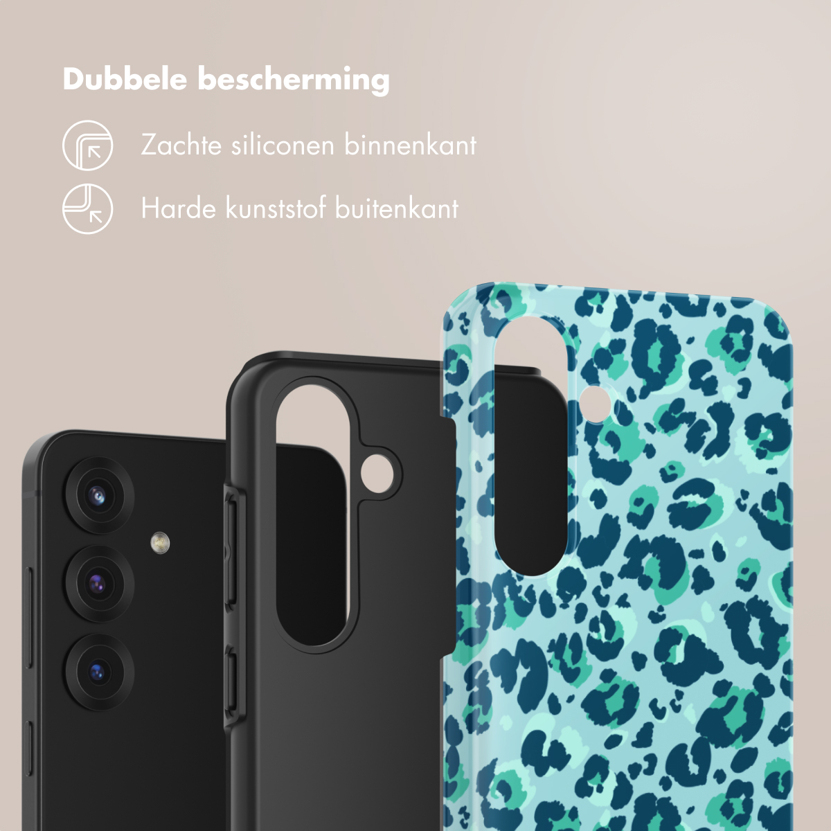 Drie telefoonhoesjes, één met een luipaardprintpatroon. Tekst zegt 'Dubbele bescherming'.