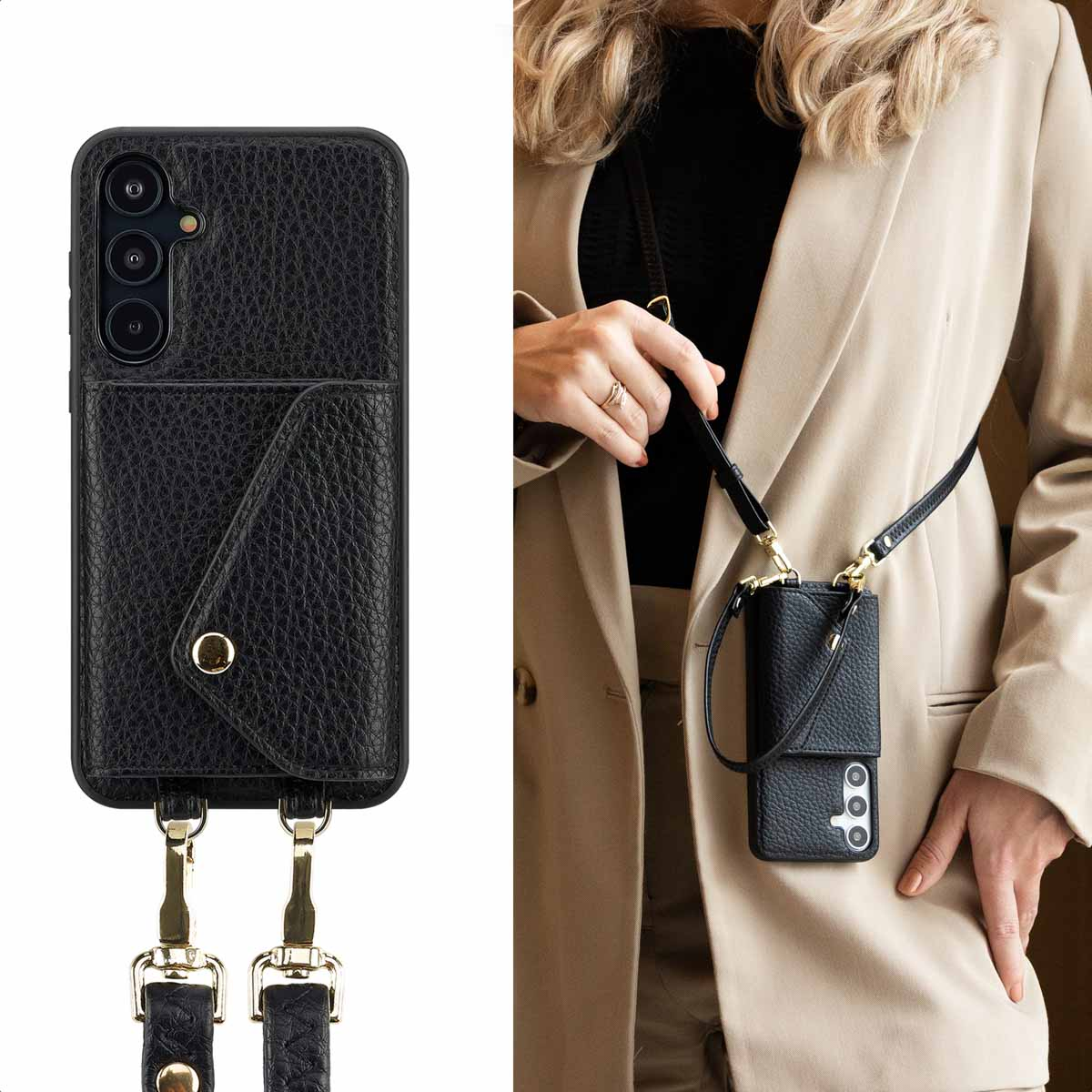 Étui de téléphone en cuir noir avec un portefeuille. Détails dorés. Femme portant un blazer tenant le téléphone. Sangle noire.