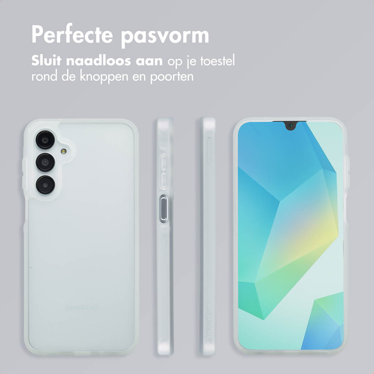 Coque de téléphone avec trois vues, blanc/transparent. Téléphone avec design bleu/vert. Texte: 'Perfecte pasvorm'.