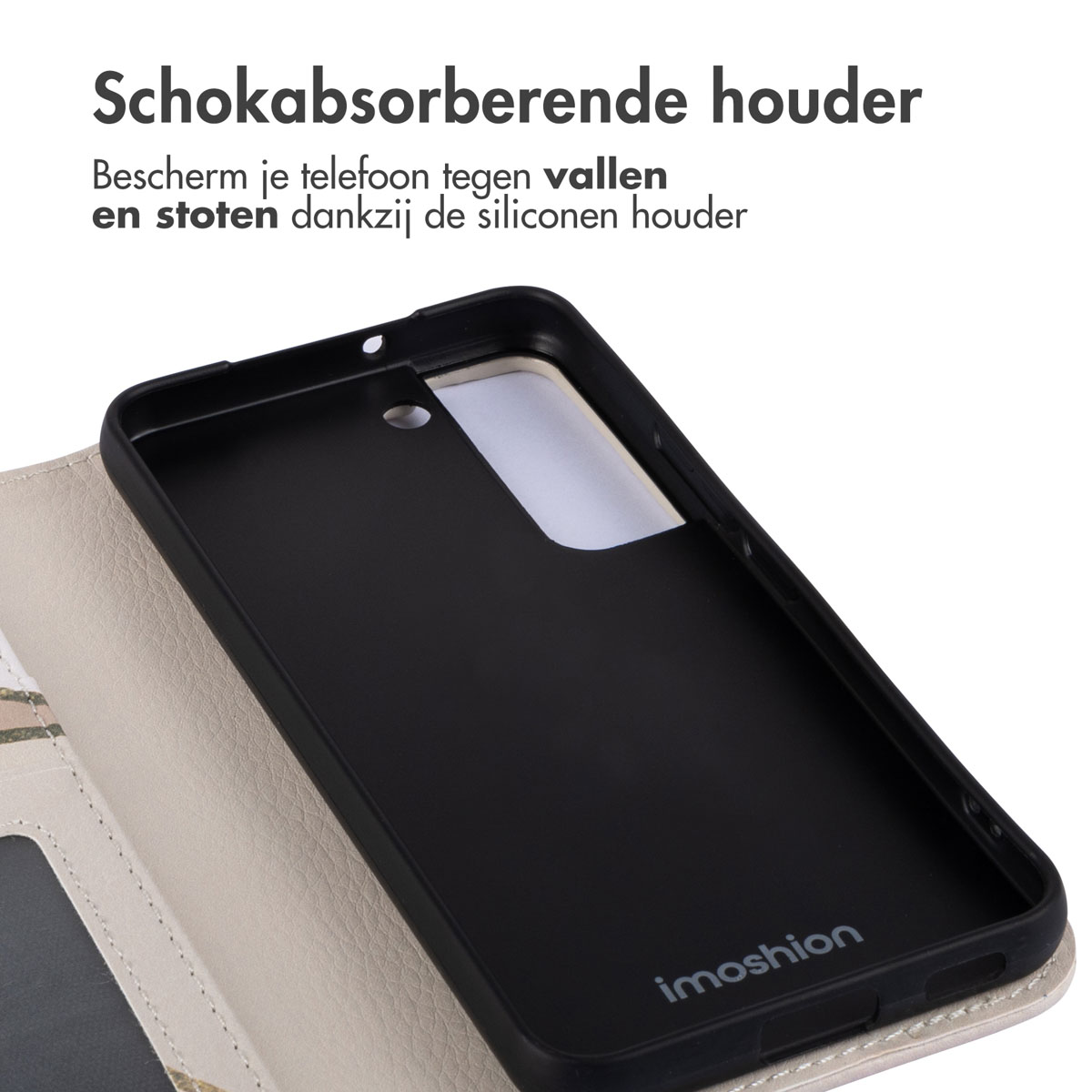 Intérieur de l'étui noir pour téléphone. L'étui est noir et porte le nom de la marque. L'intérieur est blanc.