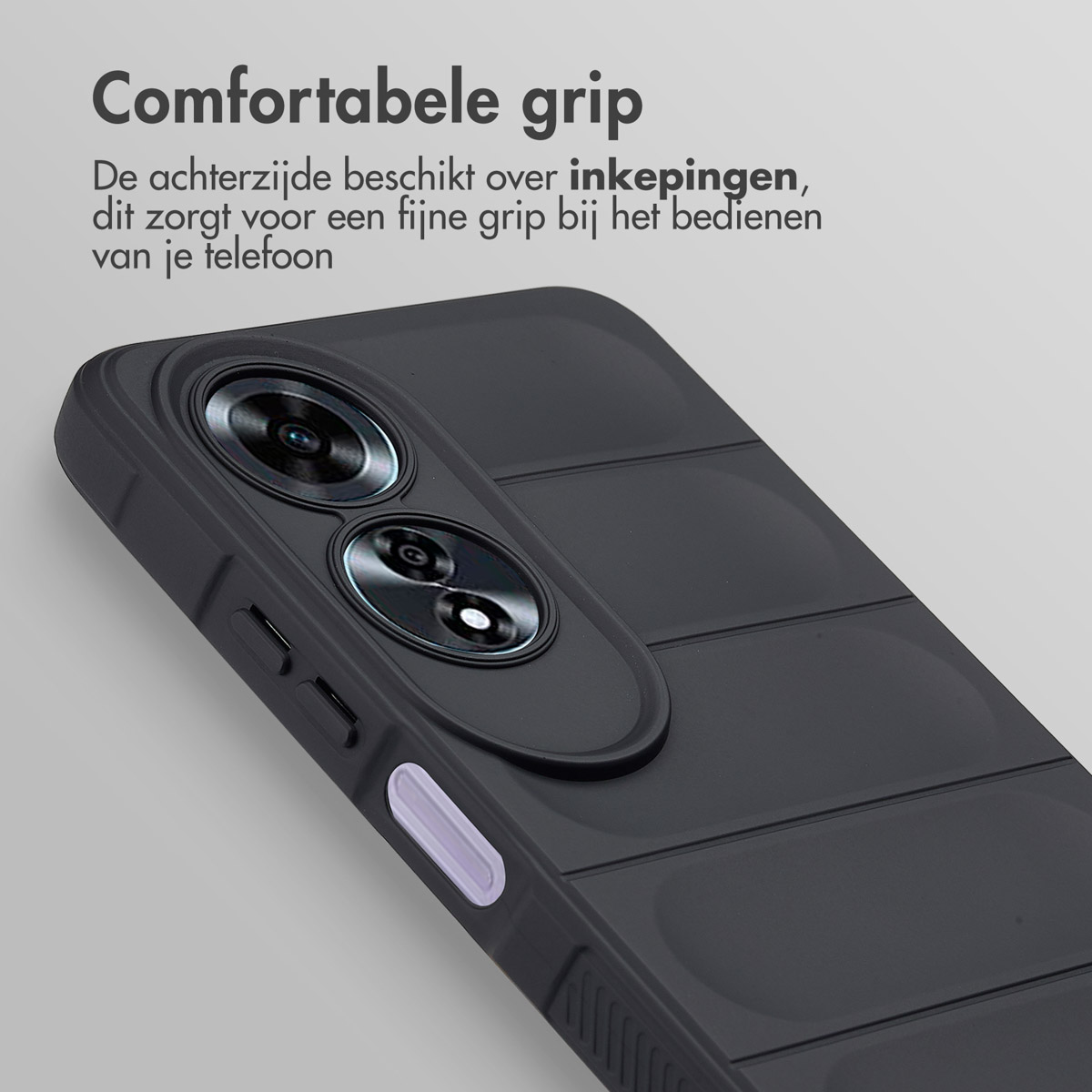 Un étui de téléphone noir avec un design texturé. Le texte dit 'Prise en main confortable'.