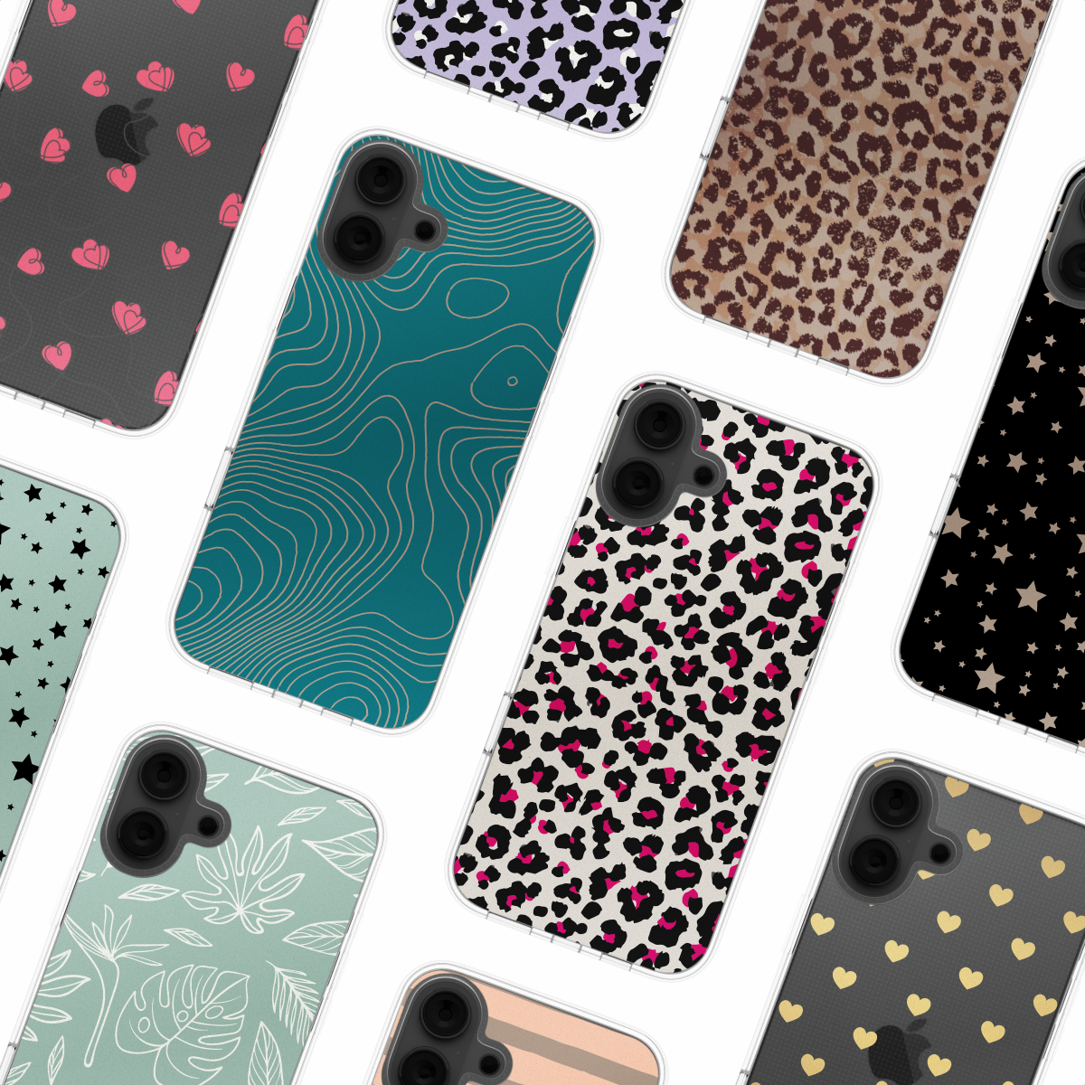 Veel telefoonhoesjes met verschillende patronen: luipaard, harten, bloemen en sterren.