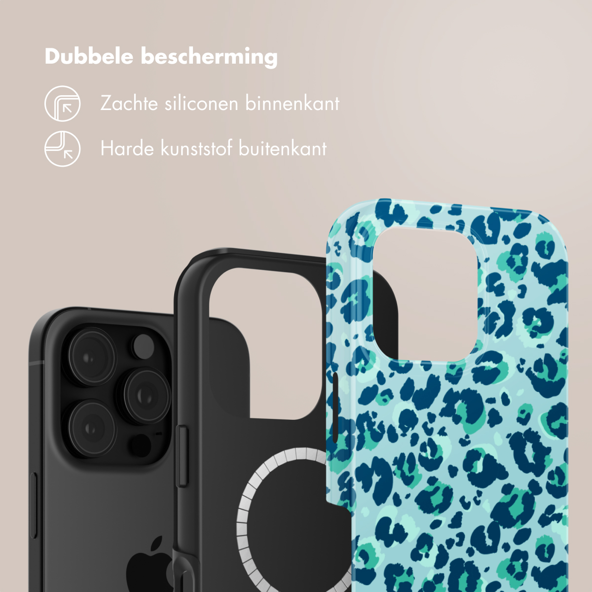 Coques de téléphone, une avec imprimé léopard, montrant des caractéristiques de double protection.