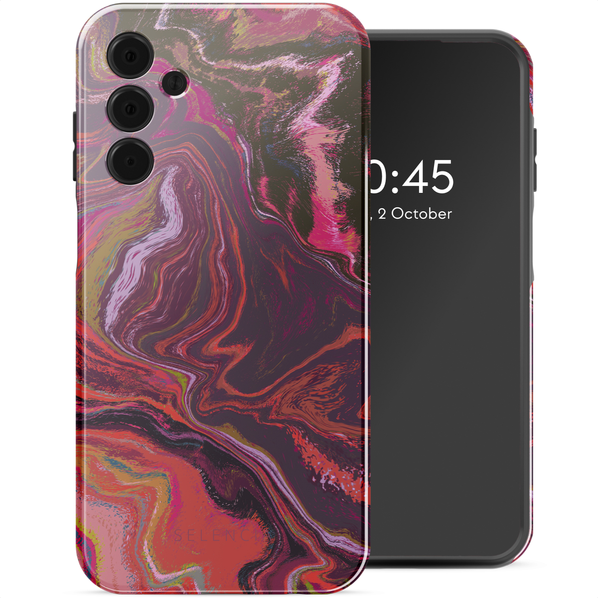Telefoonhoesje met een kleurrijk abstract ontwerp. De telefoon toont de tijd en datum op het scherm.