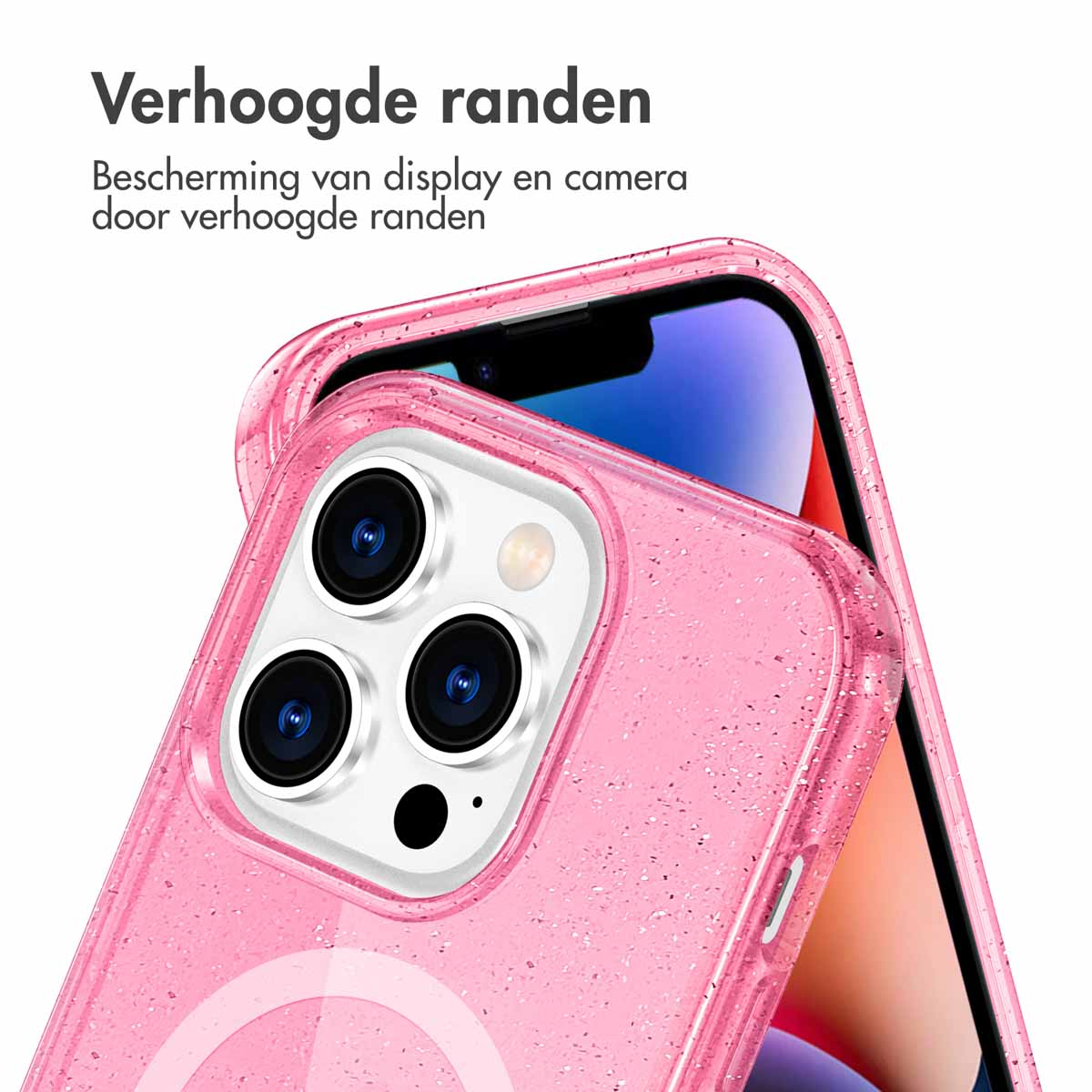 Une coque de téléphone rose, avec un téléphone à l'intérieur. Texte : Bords surélevés. Protection de l'écran et de la caméra par des bords surélevés.