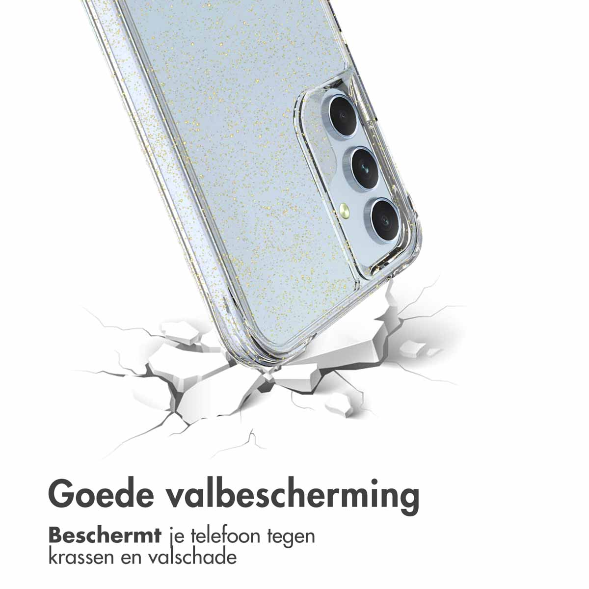Un telefono in una custodia trasparente, con crepe sotto. Testo: 'Goede valbescherming'.