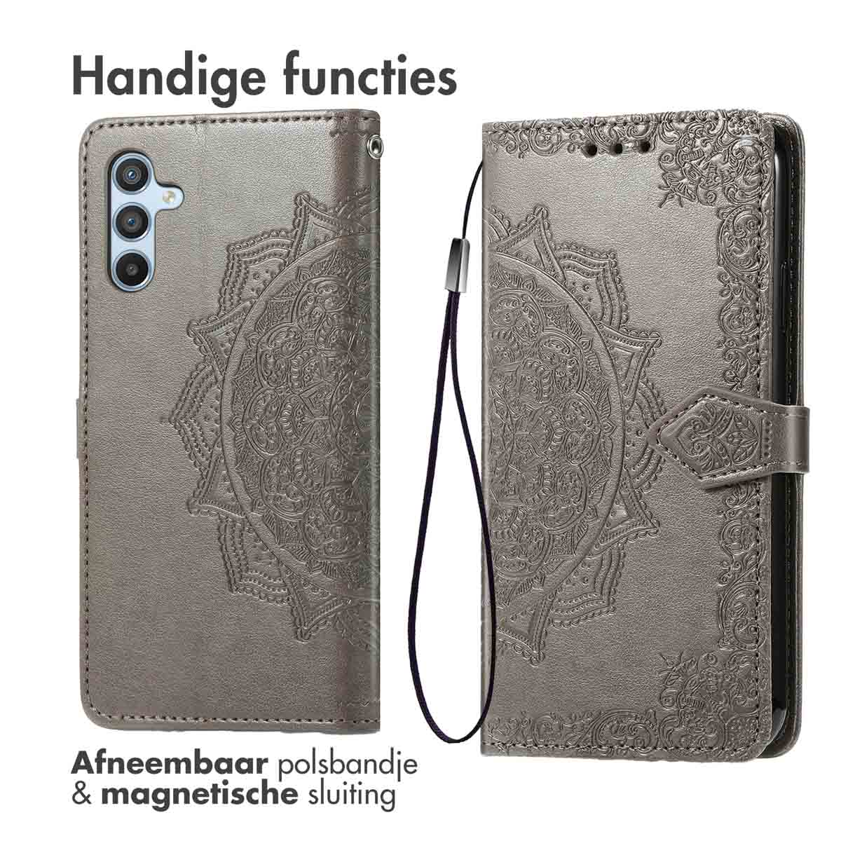 Un étui portefeuille pour téléphone avec un motif mandala. Comprend une dragonne et une fermeture magnétique.