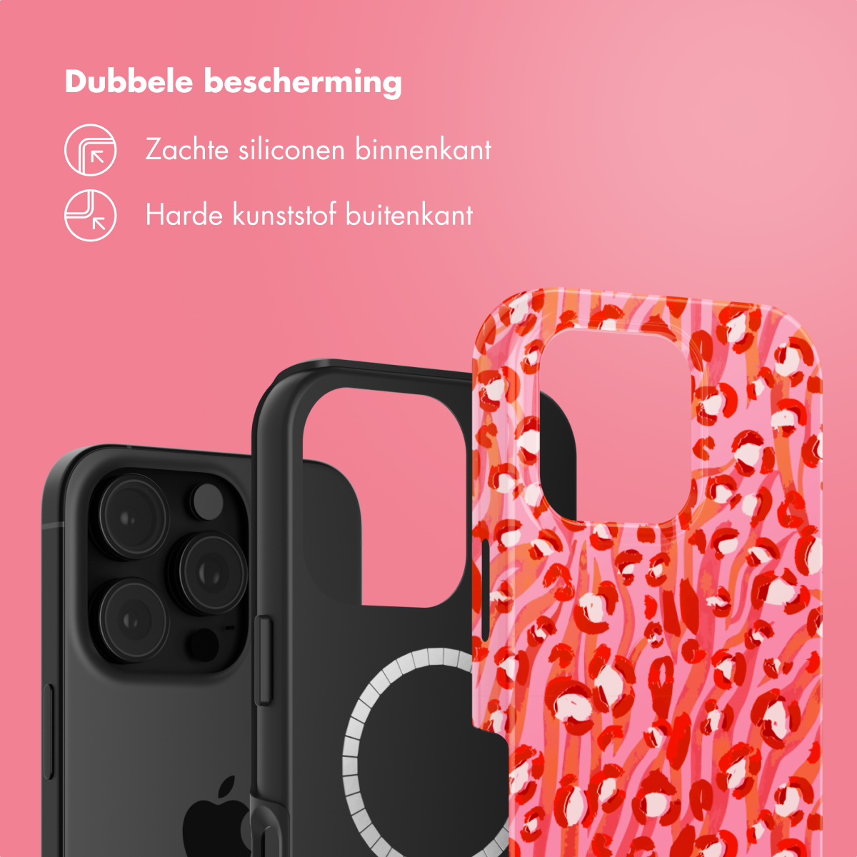 Set di custodie per telefono. Un telefono nero dentro una custodia nera. Una custodia rosa con motivo rosso.