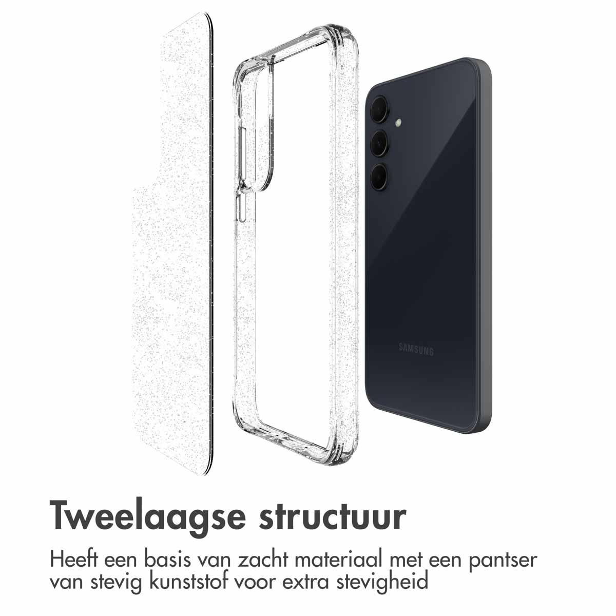 Telefoon, caselagen en case, met tekst 'Twee-laagse structuur' en beschrijving.