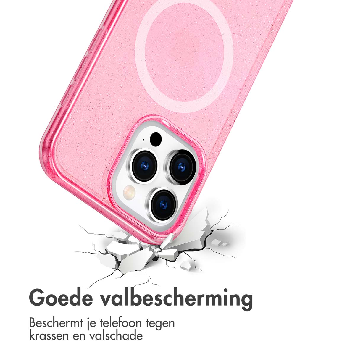 Roze telefoonhoesje met een witte cirkel, op een gebarsten oppervlak.