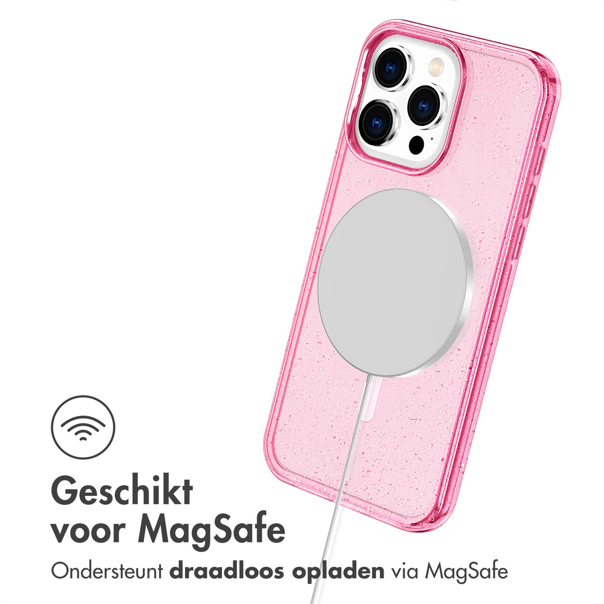 Roze telefoonhoesje met MagSafe-oplader. Tekst: Geschikt voor MagSafe, ondersteunt draadloos opladen.
