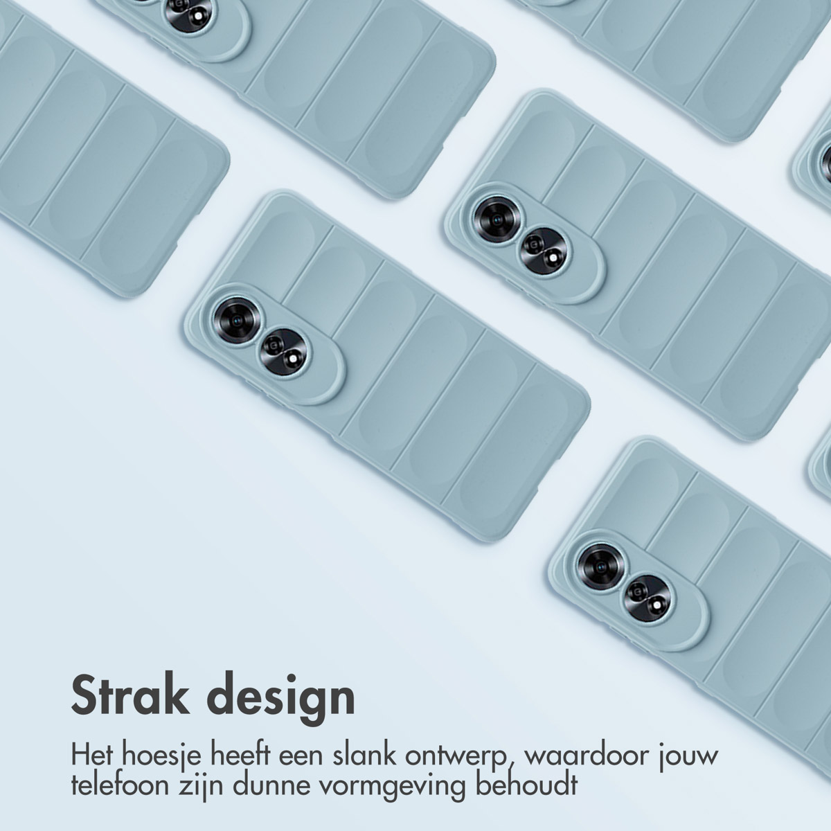 Plusieurs coques de téléphone bleu clair. Les coques ont un design texturé.