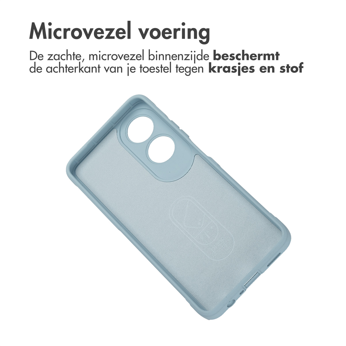 Intérieur d'un étui de téléphone bleu clair. Le texte dit 'Doublure en microfibre'.
