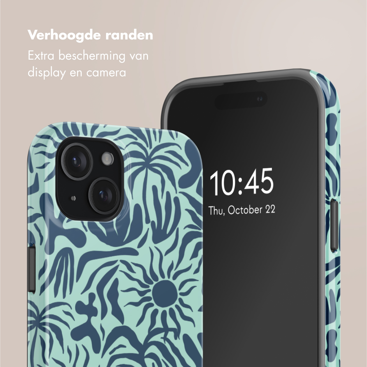 Two phones. One has a blue and green pattern case. The other phone is black with the time displayed.