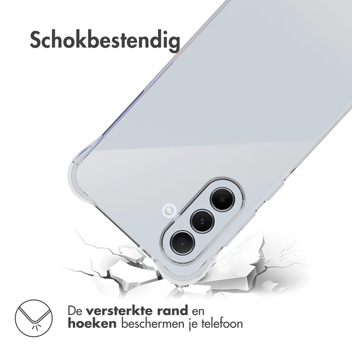 Transparante telefoonhoes op witte achtergrond. Hoes op gebarsten grond. Tekst: Schokbestendig, versterkte randen.