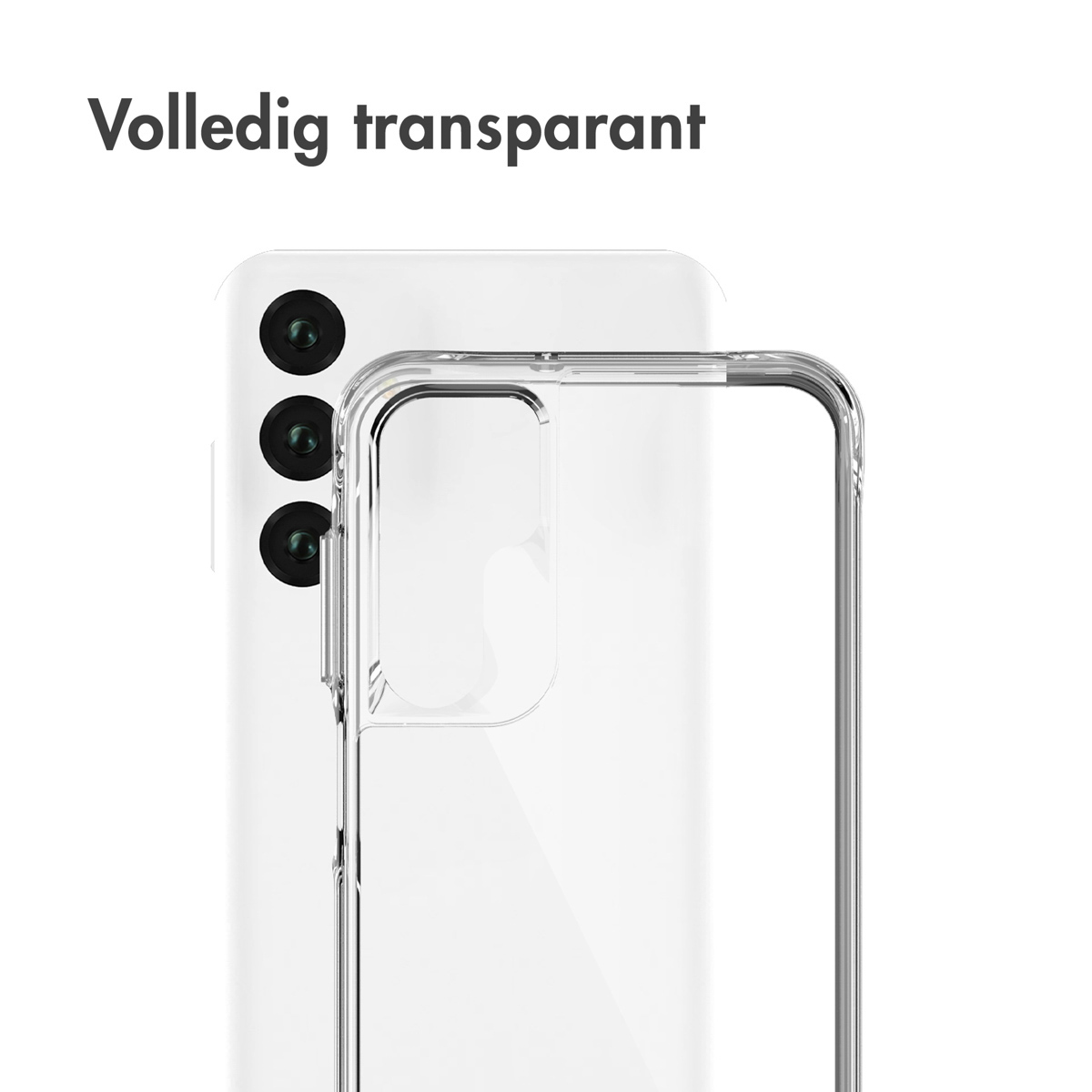 Une coque de téléphone transparente est sur un téléphone blanc. La coque est transparente et l'arrière du téléphone est visible.
