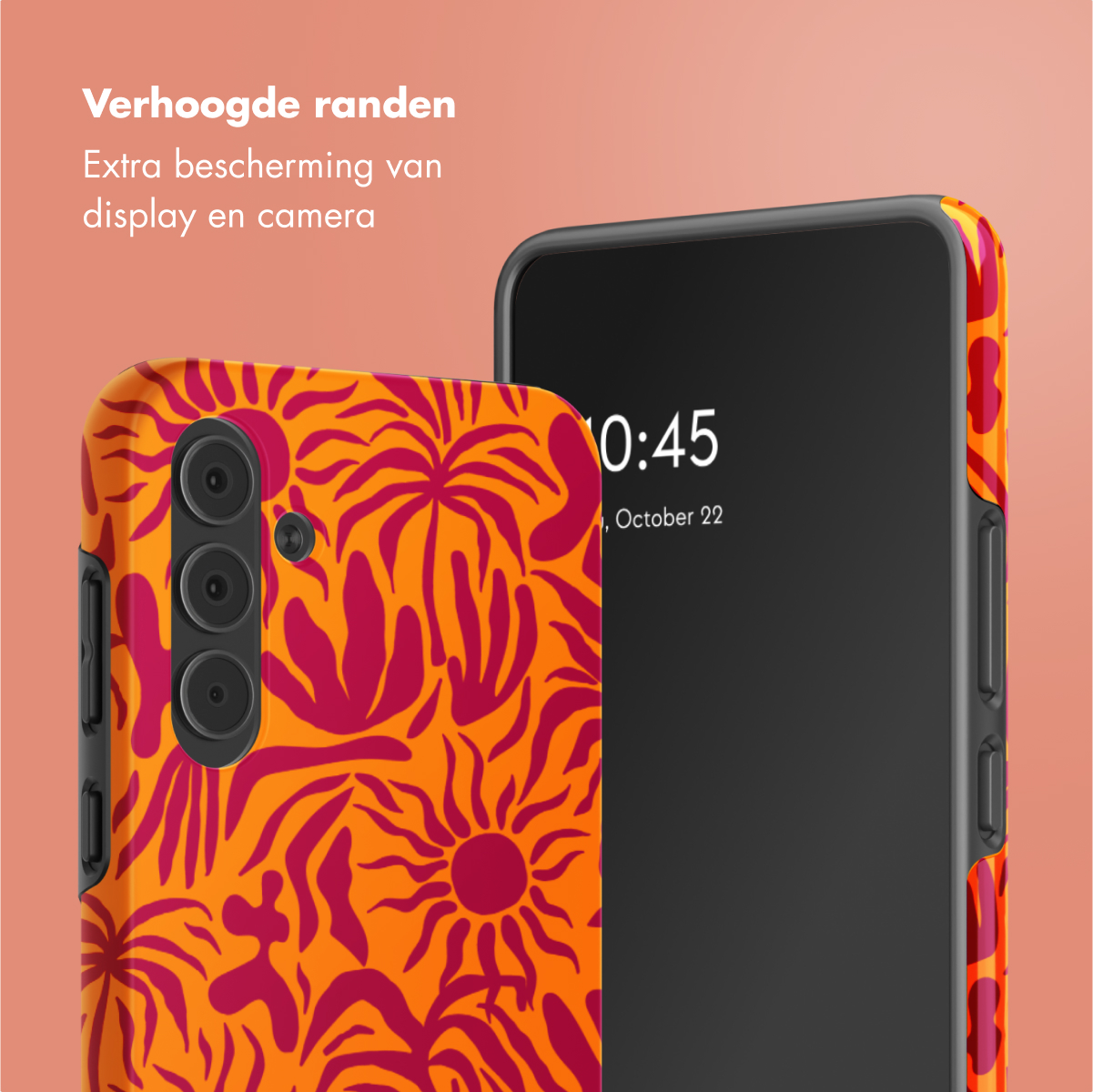 Deux téléphones. L'un a une coque orange avec un motif rouge. L'autre téléphone est noir et affiche l'heure.
