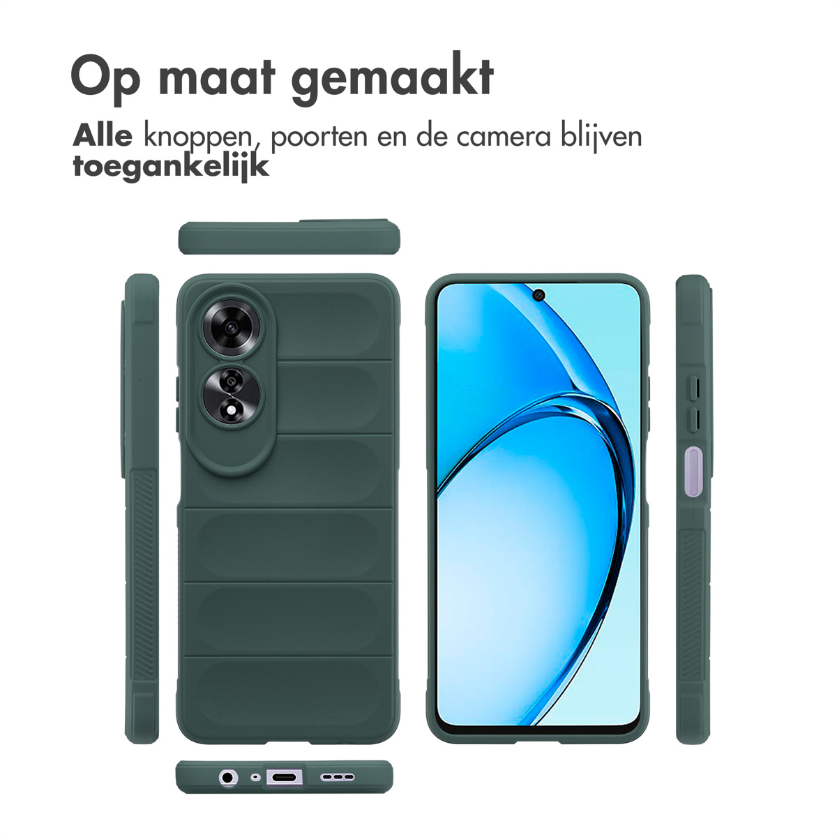 Un téléphone dans une coque verte, sous différents angles. Texte : Op maat gemaakt, et tous les boutons sont accessibles.