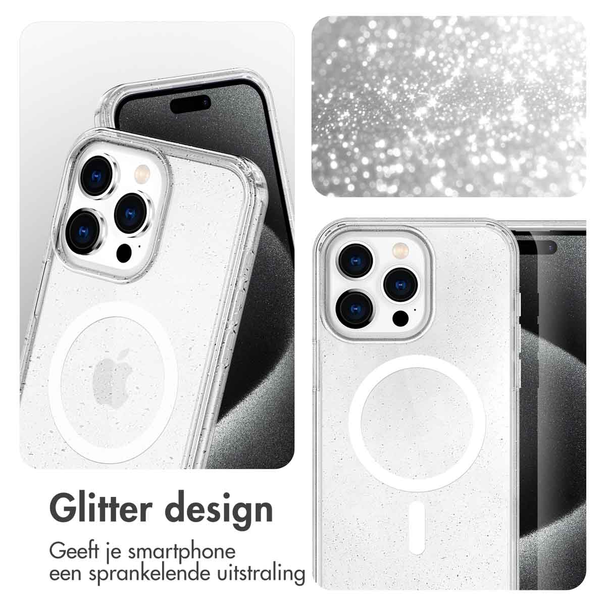 Twee transparante telefoonhoesjes met glitter. Eén toont de achterkant, de andere de voorkant.