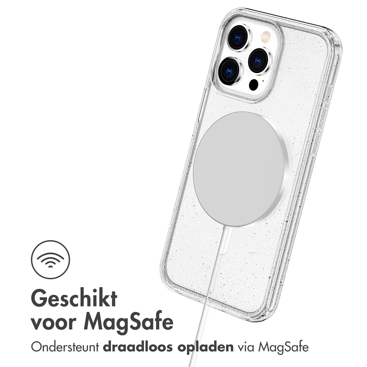 Een doorzichtige telefoonhoes met een MagSafe-oplader, met de tekst 'Geschikt voor MagSafe'.