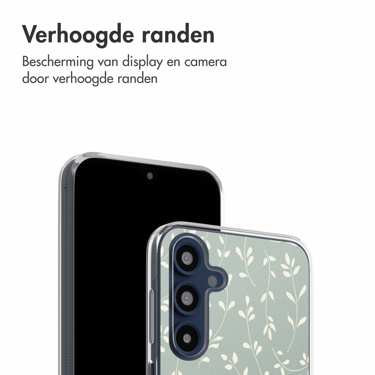 Een telefoon met een bloemenpatroonhoes, die verhoogde randen voor display- en camerabescherming benadrukt.