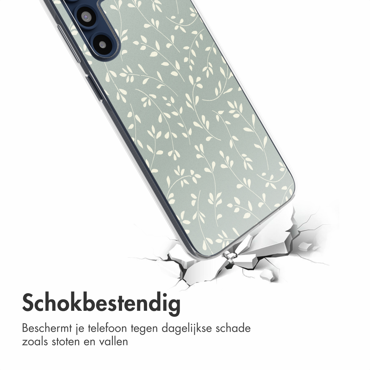 Telefoonhoesje met een bladerontwerp, scheuren op de vloer. De hoes wordt geraakt.