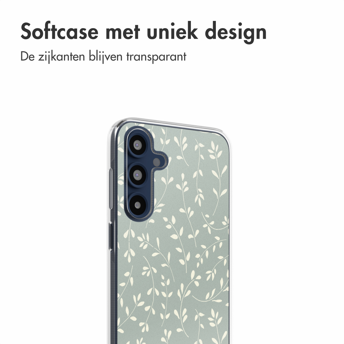 Een telefoonhoesje met een bloemenpatroon op een lichtgroene achtergrond. De zijkanten blijven transparant.